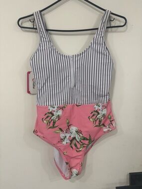 PatPat Pink Floral One-Piece Swimsuit with Black & White Stripes